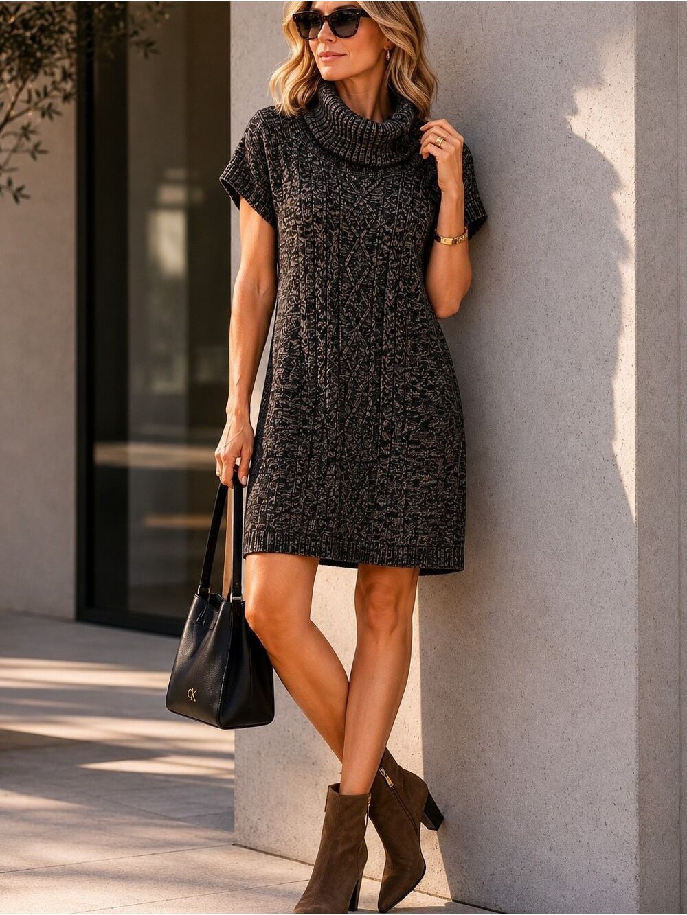 Calvin Klein Cowl Neck Sweater Dress Black Brown Large